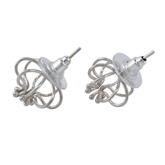 Estate Sterling Silver 925 Wire Floral Stud Earrings - Picture 6 of 8